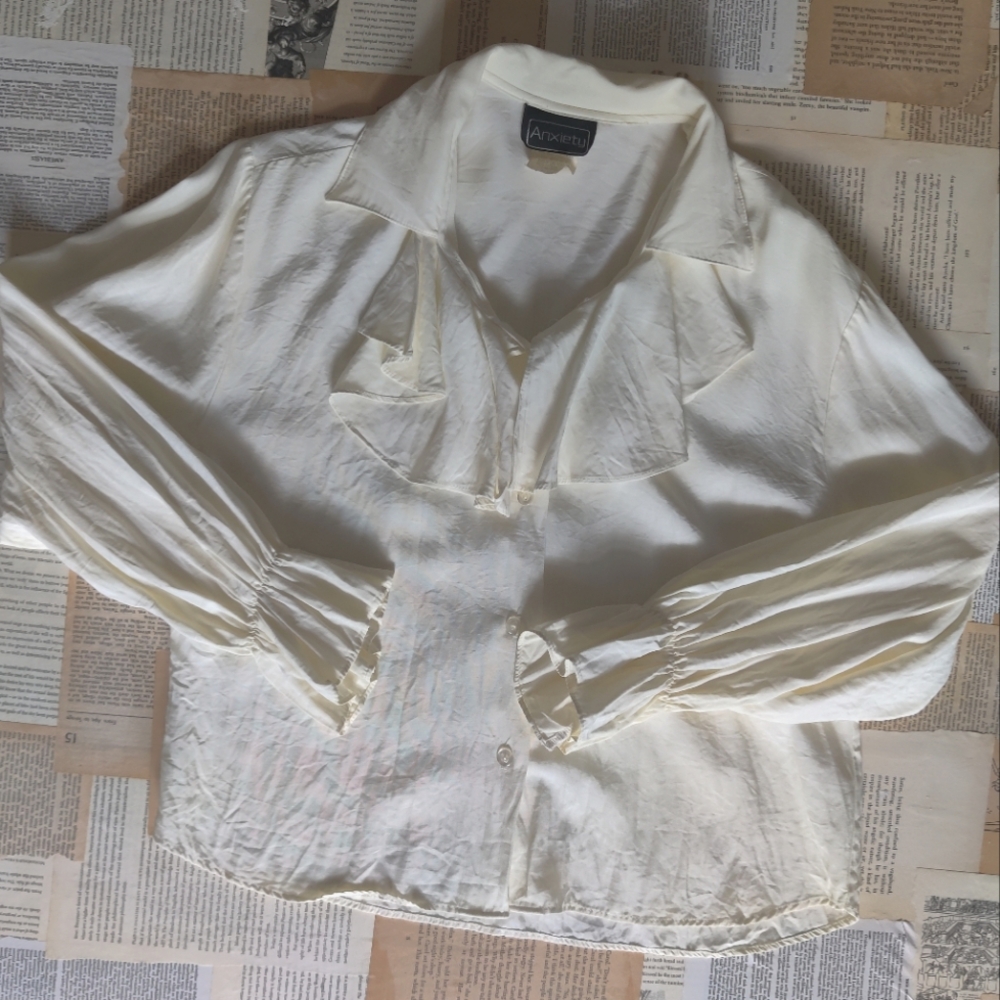 Vintage 1990s Anxiety Cream Button-Up Blouse with Ruffles + Flouncey Sleeves